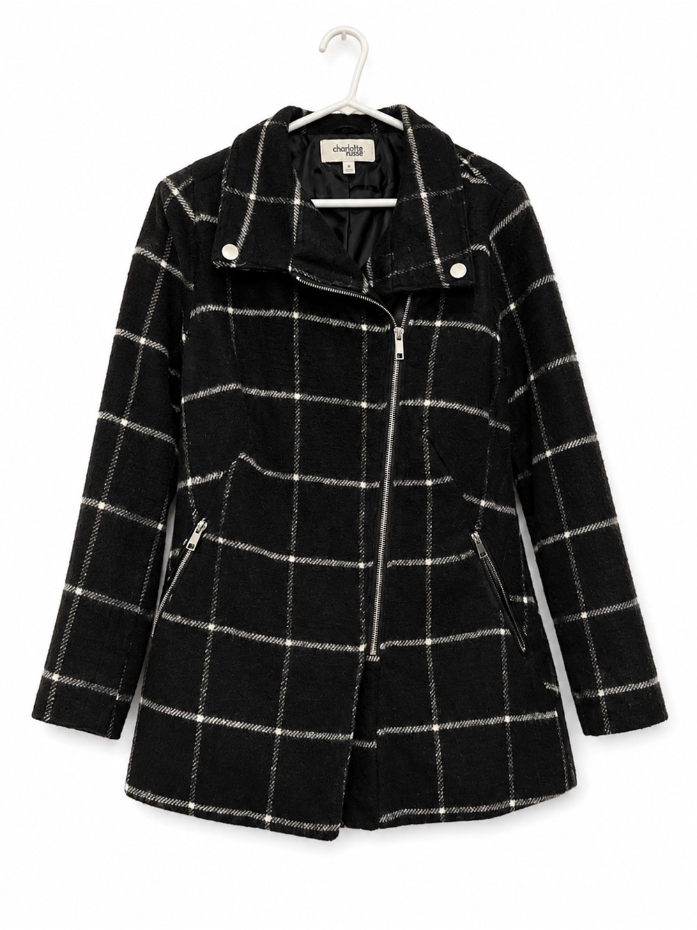 Charlotte Russe Women’s Black & White Plaid Asymmetrical Zip Coat – Size Medium